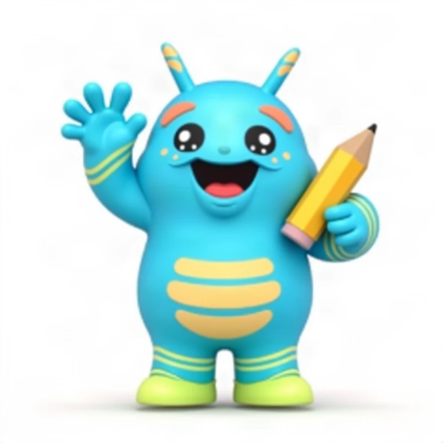 Nomu, a cheerful blue creature, waving hello and holding a pencil