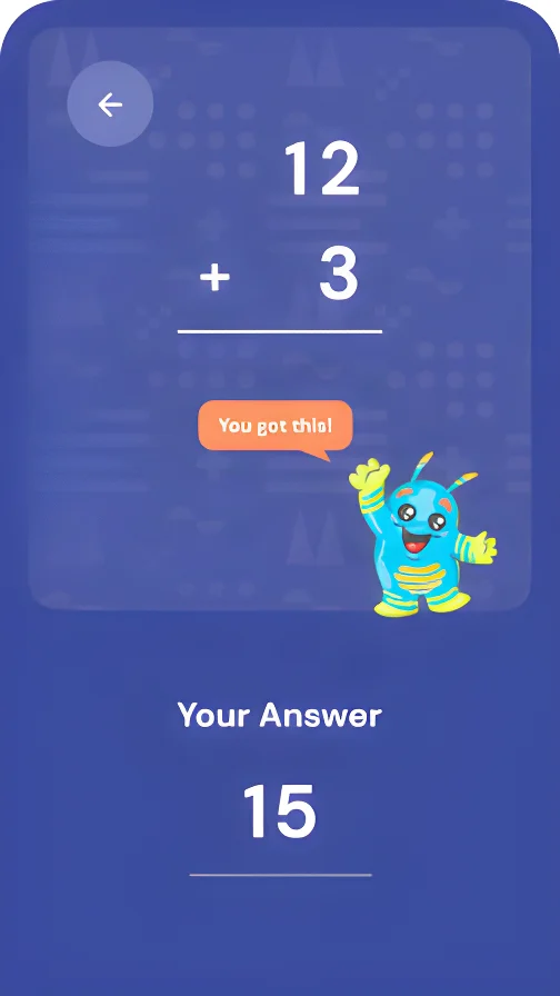 App screen: an addition question, 12 plus 3, with encouragement from Nomu
