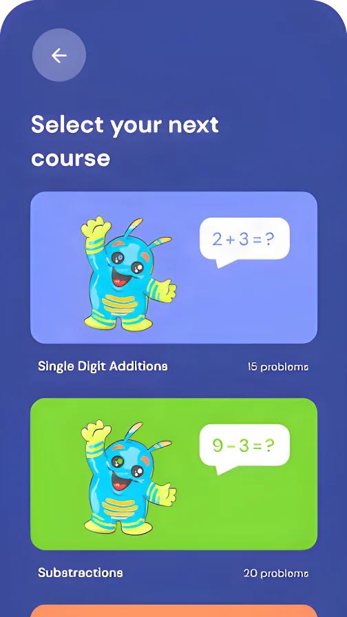 App screen: course selection showing single digit additions and subtractions